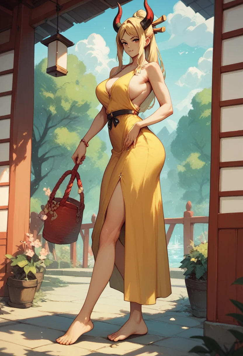 Yamato, yellow low-cut dress, barefoot