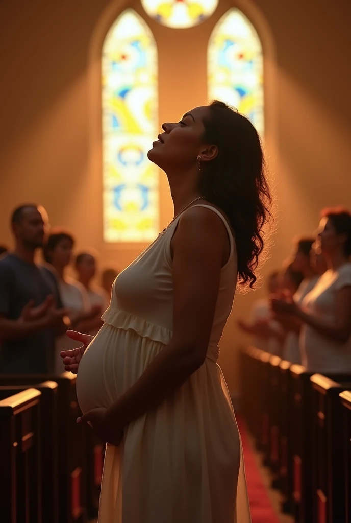 A pregnant woman in the Baptist church singing