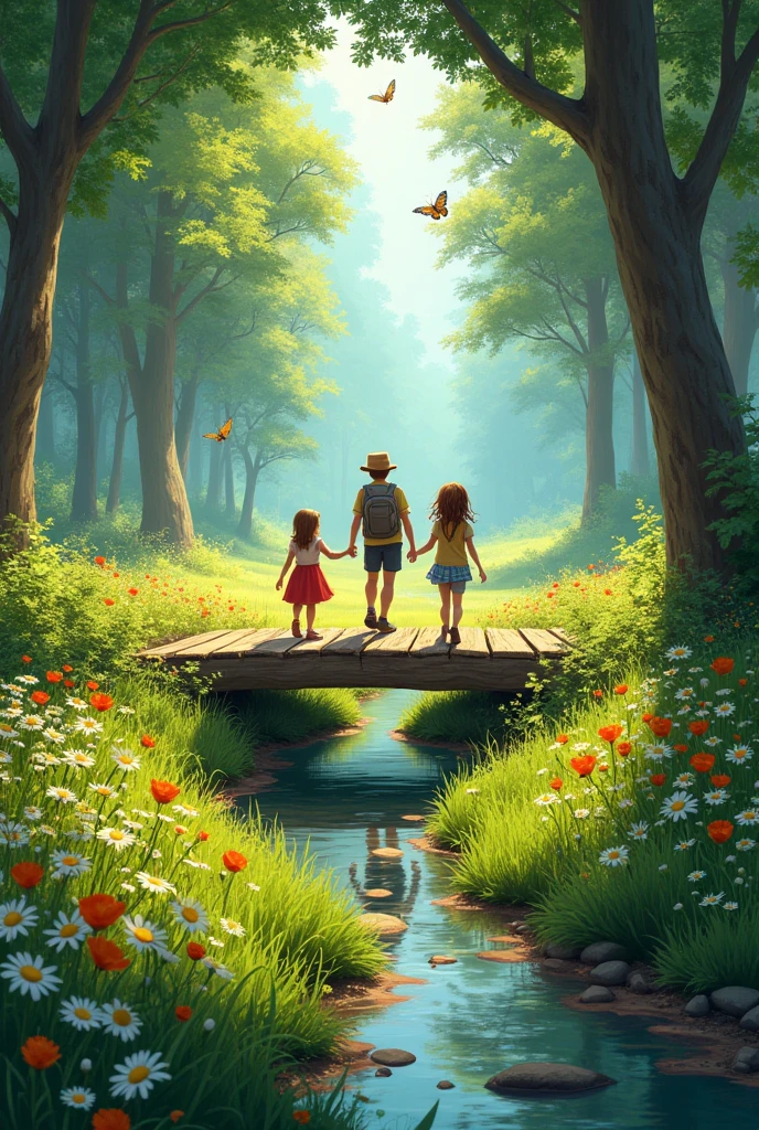 Discovery: After crossing the bridge, they find a beautiful meadow. What does the meadow look like, and how does it make them feel?