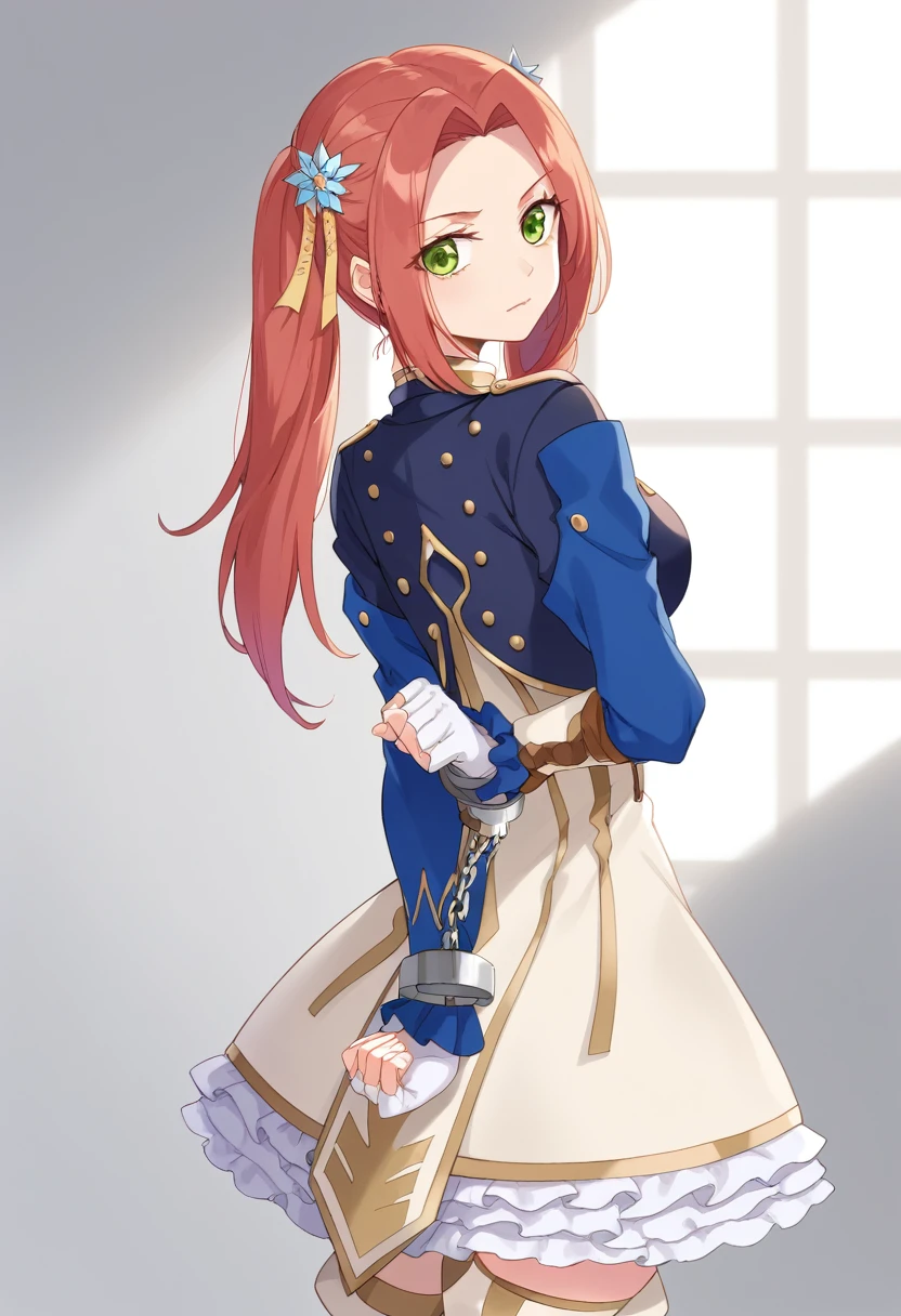 score_9, score_8_up, score_7_up, best quality, masterpiece, 4k, uncensored, prefect lighting, very aesthetic, anime BREAK eleanor hume, green eyes, twintails, short dress, red hair, hair ornament, thigh boots, cropped jacket, frills, fingerless gloves, ,  extremely detailed,high definition restrained,police,arrest,restrained,shackles,(((handcuffs, cuffs, upper body, handcuff, bound wrists))),masterpiece, best quality,eleanor hume handcuffs behind her back,.behind her bsck position.escort in handcuffed.handcuffed behind back.eleanor hume handcuffed,eleanor handcuffed behind her back.arrested..handcuffs behind back.eleanor hume handcuffed behind back. cuffed eleanor hume behind her back.from behind eleanor hume pov.eleanor hume handcuffed behind her back.