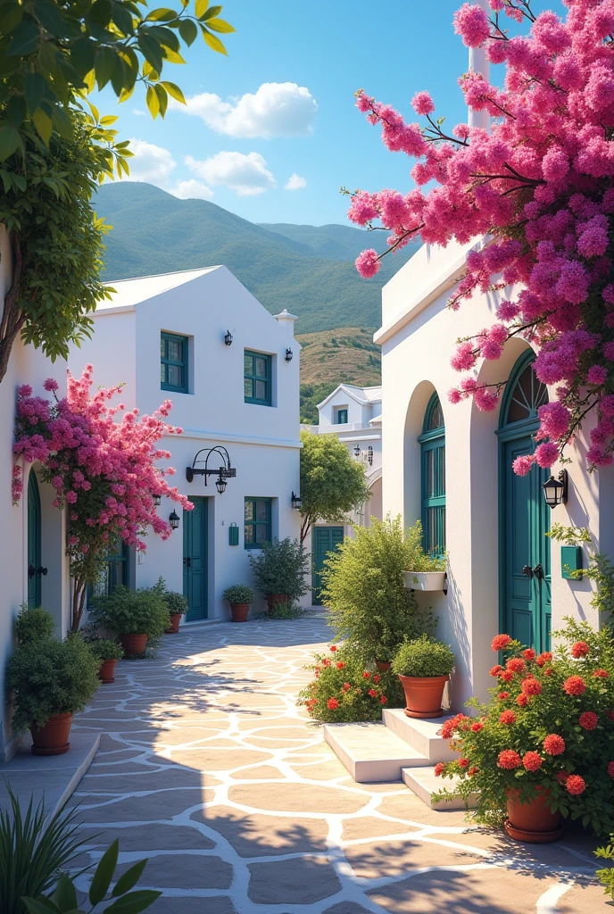 White houses with flowering trees in Greece
