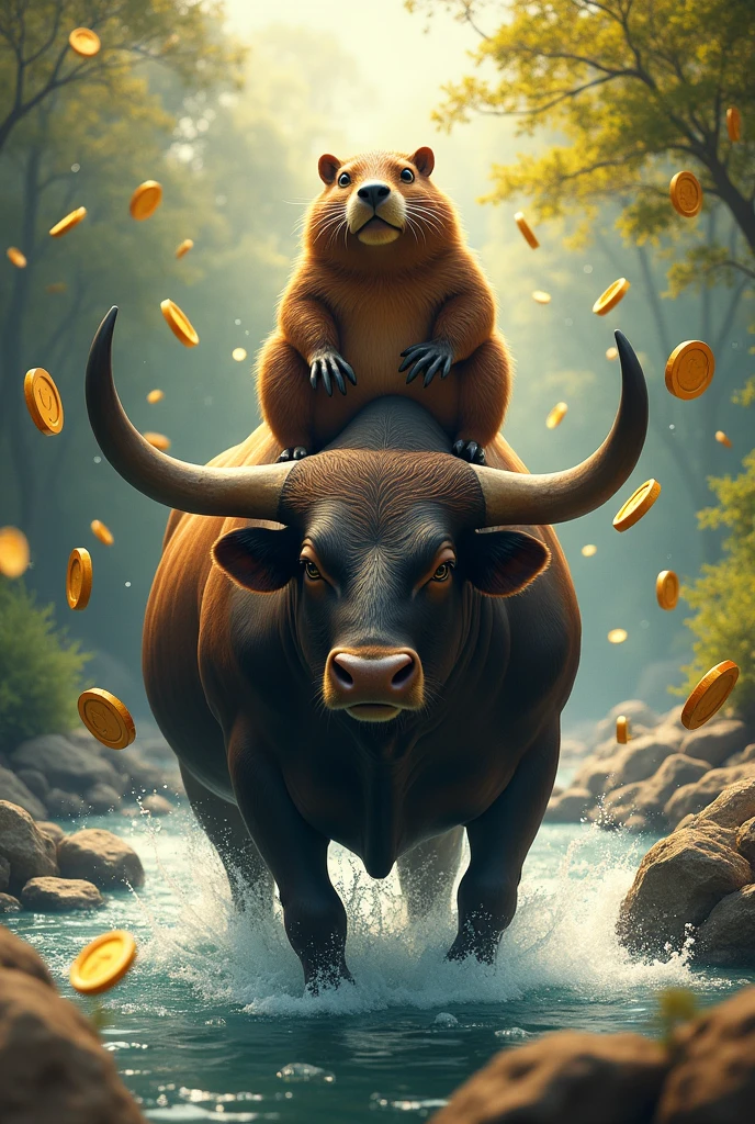 Create a beaver riding a bull standing in the river and coins fall all around him 