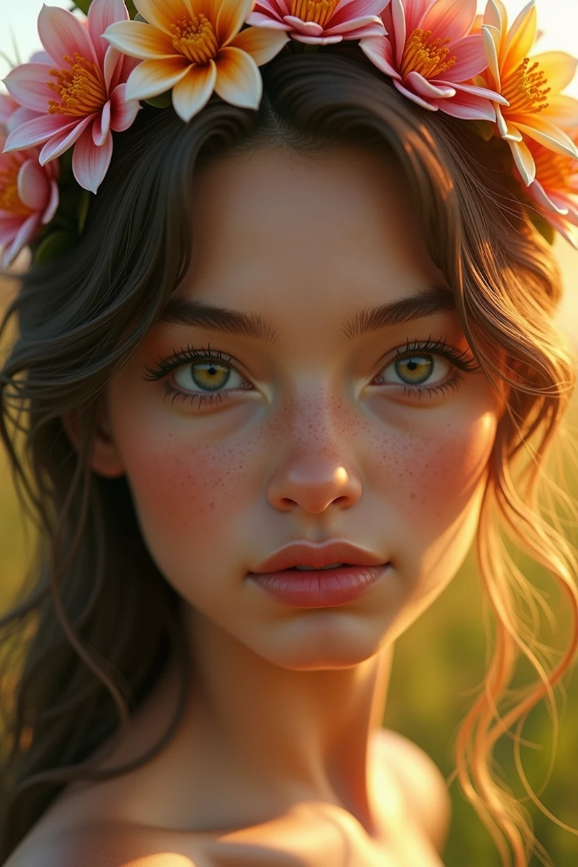 a young beautiful 34d woman, detailed face, high quality, photorealistic, detailed eyes, detailed nose, detailed lips, long eyelashes, detailed skin, detailed hair, flower crown, green meadow, sunlight, golden hour, cinematic, vibrant colors, intricate details, masterpiece