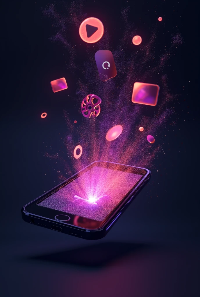 entertainment web series related icons coming out smartphone. Keep the icons floating as if they are moving inside the phone. keep purple , black and red as theme colours with night light