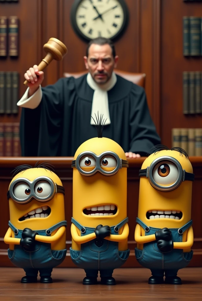 In a comedic courtroom scenario, my favorite villainous minions, with their signature yellow skin and bulging eyes, stand before a stern-looking judge, dressed in a traditional black robe with a white collar, who is banging his gavel in frustration, as the minions fail to meet the judge's expectations, their mischievous grins and crossed arms conveying their defiance, amidst a backdrop of wood-paneled walls, with a large, old-fashioned clock ticking away on the wall behind the judge's bench, surrounded by worn, brown leather-bound law books, and a faint outline of a cityscape visible through the windows, with a subtle, warm lighting that adds to the overall sense of chaos and disorder.