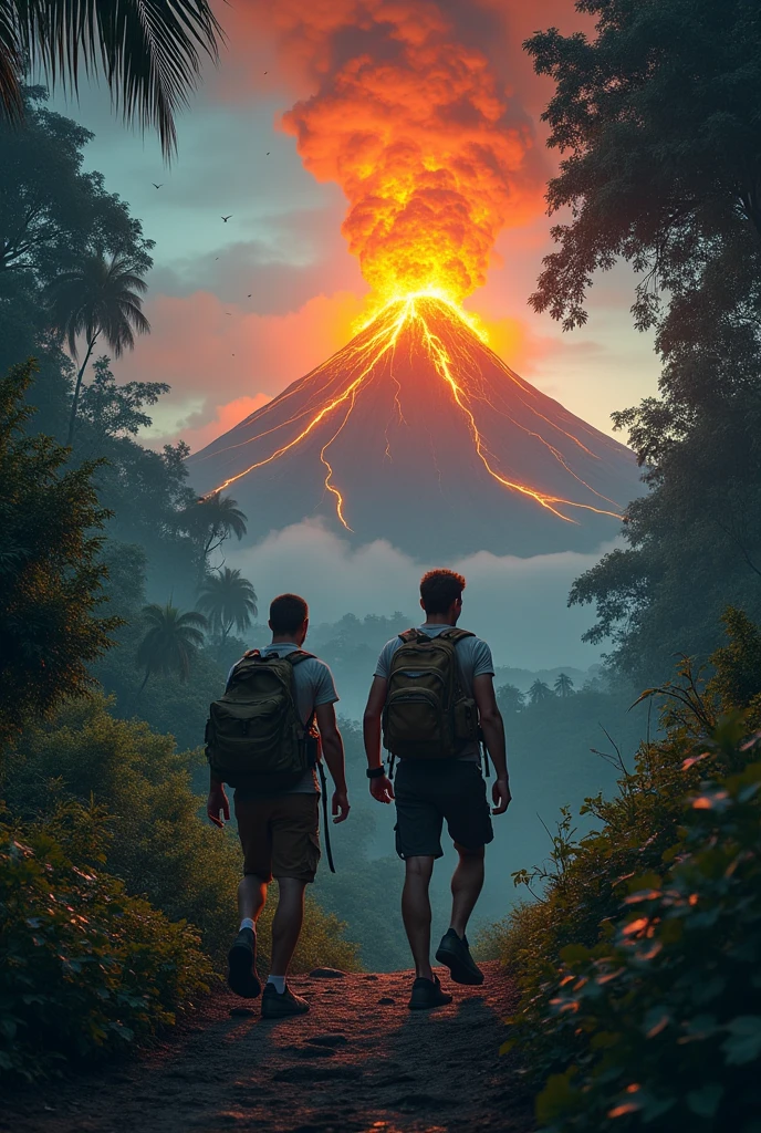 Two man explore running in the jungle,  when they see a raging volcano, animals are running, lion running, snakes are screard at midnight night 