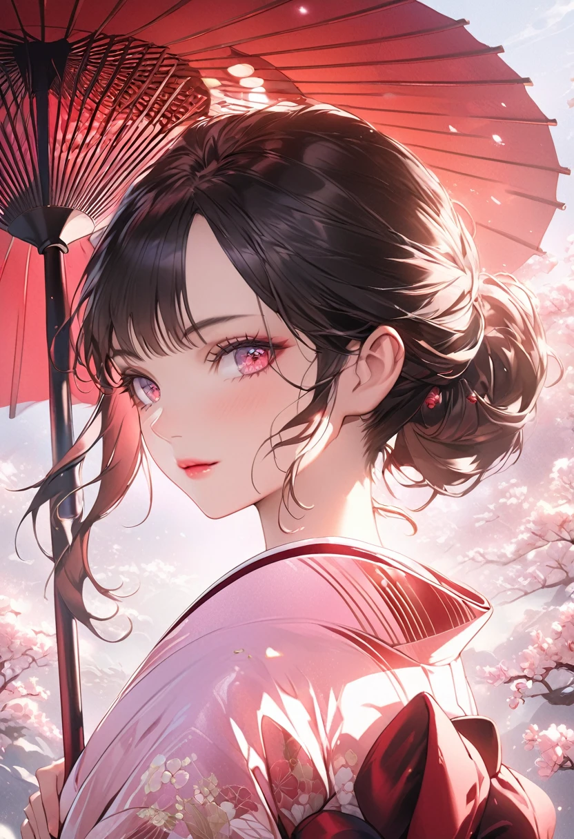 Taken from front, full body view, A hyper realistic Anime style portrait, Create a digital painting of an elegant woman dressed in a traditional Japanese kimono with a modern twist. The kimono is primarily black, providing a strong and sophisticated base, and features red and pink cherry blossom patterns that add warmth and delicacy. The red obi (belt) complements the kimono and adds a vibrant contrast. The woman is holding a large red umbrella above her, with subtle highlights that suggest sunlight filtering through. Her eyes are closed, exuding grace and serenity, and her hair is styled in a neat updo with soft waves. The background should depict a serene Japanese garden with cherry blossom trees in full bloom and a traditional pagoda structure in muted reds, with soft pastel hues creating a peaceful atmosphere. The textures should be smooth and polished, with the kimono appearing silky and luxurious, and the cherry blossoms delicate and soft. The overall atmosphere should be calm and sophisticated, with a harmonious blend of colors and textures that emphasize the character’s elegance and the serene setting, beautiful girl, beautiful detailed eyes, beautiful detailed lips, extremely detailed face and skin, long eyelashes, graceful pose, serene expression, cinematic lighting, award-winning digital art, highly detailed, 8k, photorealistic, masterpiece, vibrant colors, dramatic lighting