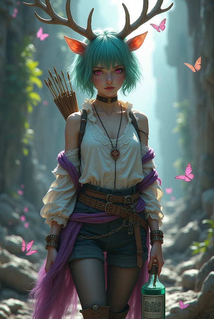 ((Best Quality)), ((masterpiece)), (detailed), (original), (realist), girl short green and fuchsia violet hair, medium fire red eyes, Elf's ears, soft smooth skin, small mouth, pink, glow, freckled, elk antlers, introvert, shy, angelic, Whole body, pants with belt, white shirt with details, cyan pendant, leather boots with pointed toe, transparent stockings, zodiac, survivor, dystopian ruins background, textura refinada glow, bow and arrow costume, mixed clothing, violet locks of hair, butterflies and phoenix, tangled in ribbons, combat potion, Angel wings,