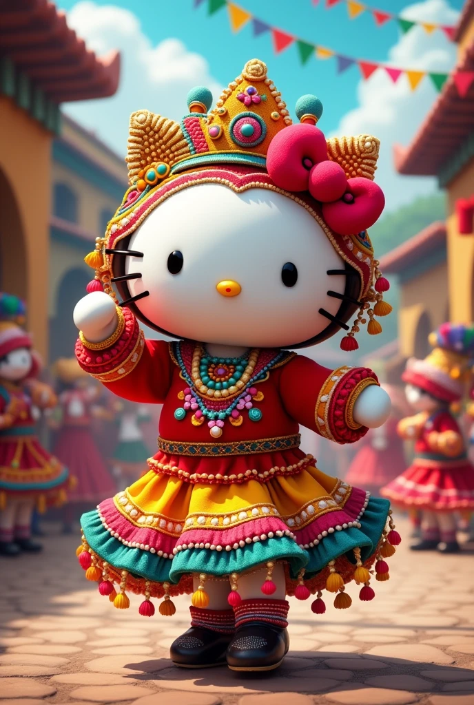 Image of the caporales dance in Hello Kitty 
