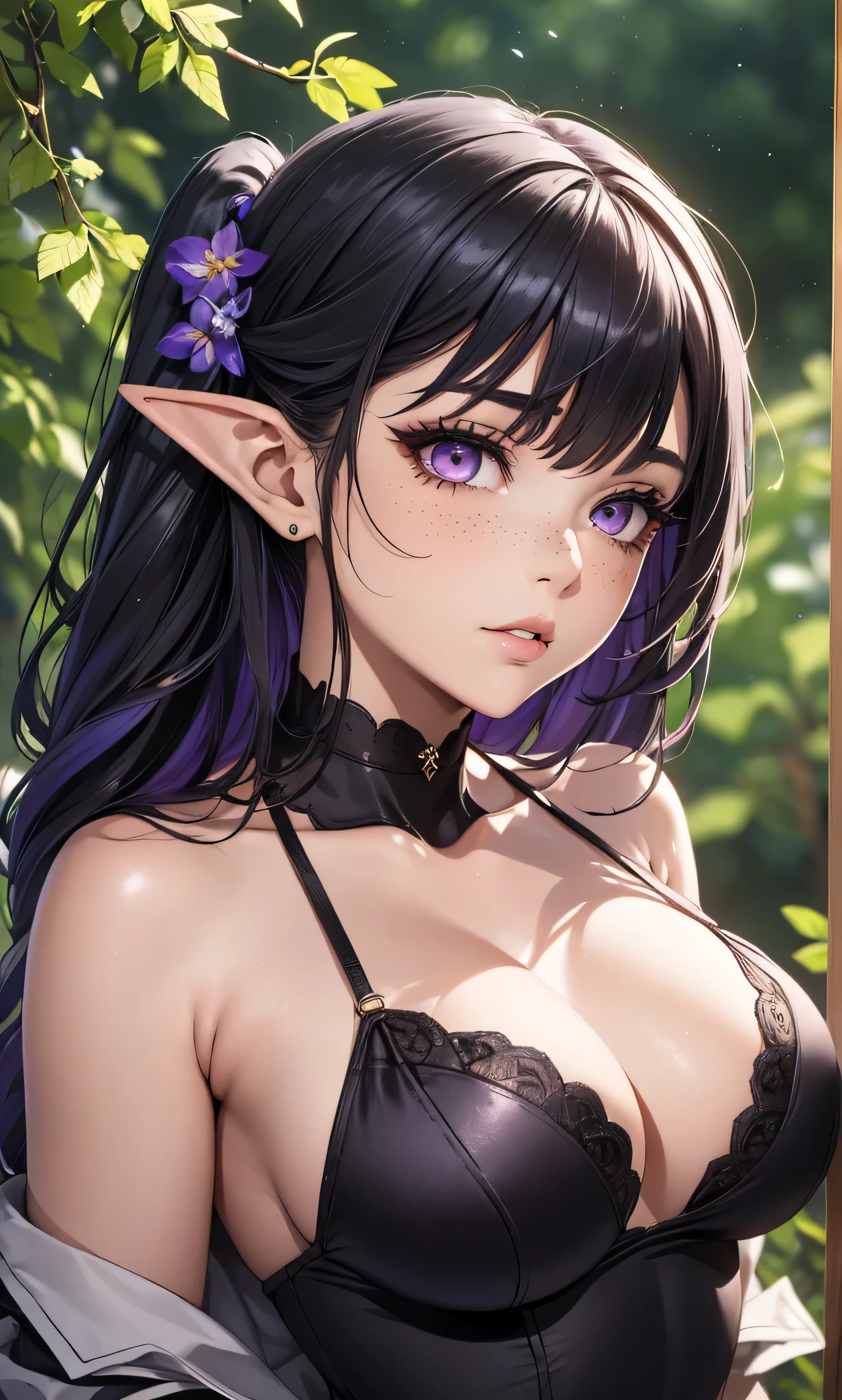 ((Best quality)), ((masterpiece)), (detailed: 1.3), ((ultra, 8k)). Beautiful woman, one girl, very detailed eyes, very detailed hair, very detailed clothes, very detailed face, 25 years old. ((Purple eyes)), ((black hair, twintail hairstyle, long hair, long bangs)), pale skin, small elf ears, ((black satin dress)), ((large breasts)), cleavage, open clothes, sexy, choker, beautiful eyelashes, eyeliner, sultry eyes, juicy lips, plump lips, soft blush, smooth skin, freckles, natural eyebrows. Looking at viewer, in love with viewer, garden background, posing sexily, standing sexily.