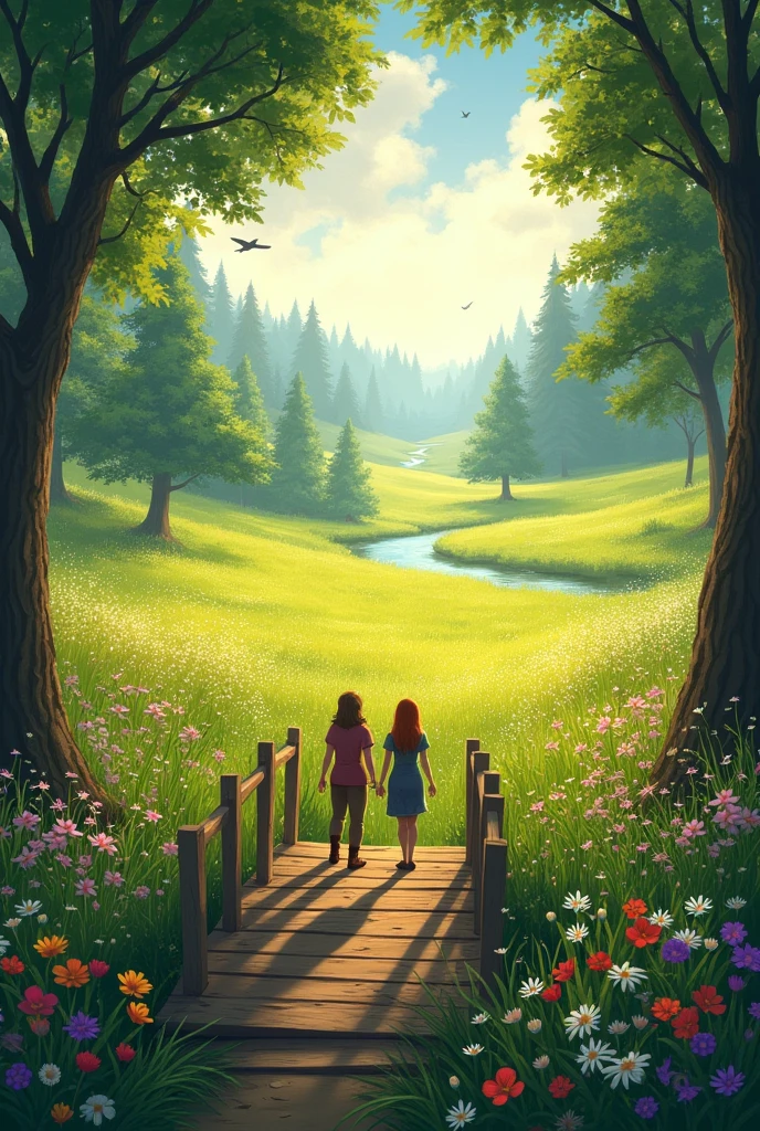 Discovery: After crossing the bridge, they find a beautiful meadow. What does the meadow look like, and how does it make them feel?
