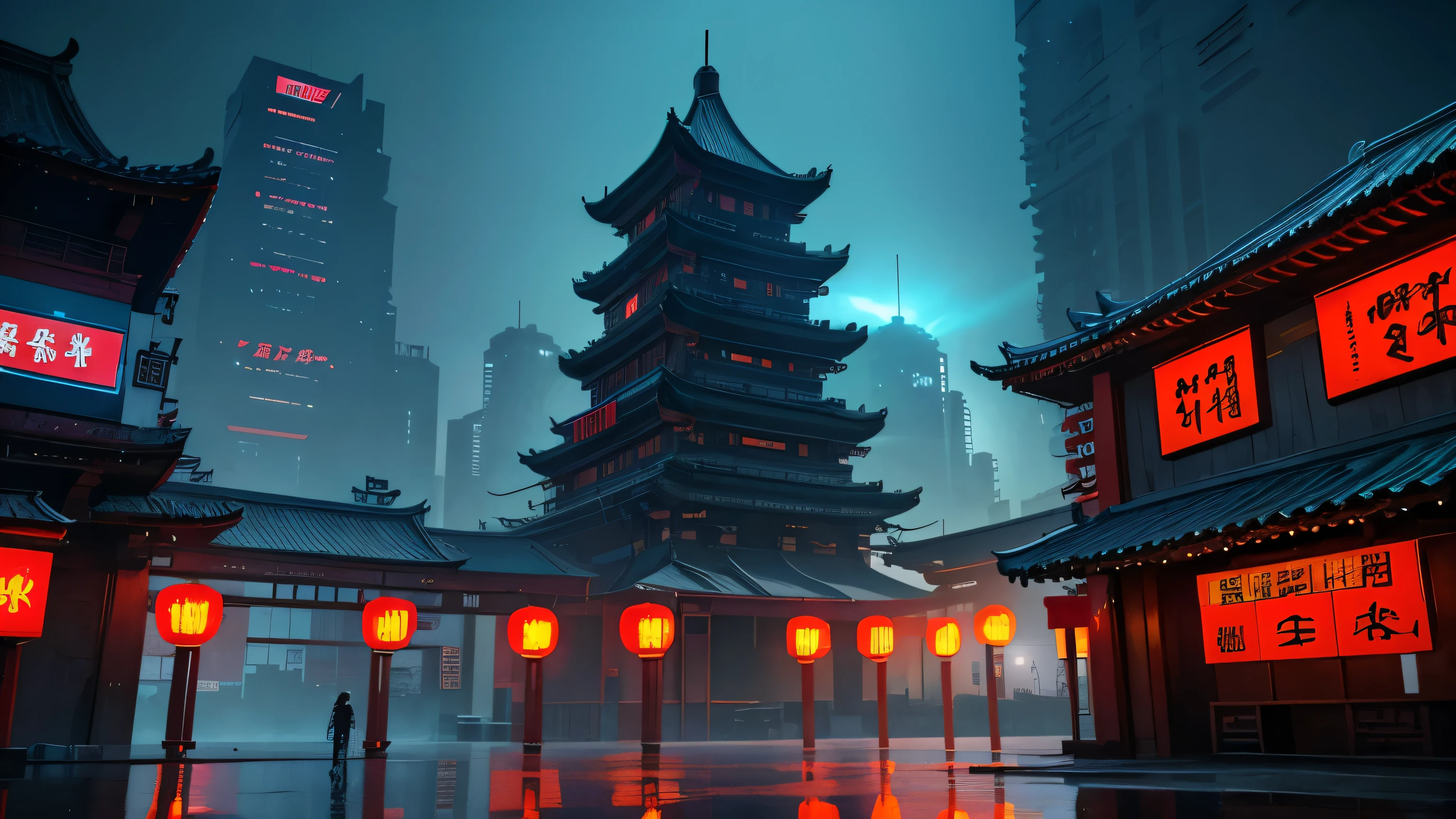 old Chinese building,Chinese Drum Tower,cyberpunk style,science fiction scene,neon lights,solo,high vista,lifelike3D animation style, Landscape concept art, ultra high resolution (lifelike: 1.4), aesthetics, focus, high quality, bright colors, stunning reflection, crystal clear water, Award-winning photography, 3D lights and beautiful lights. Rich in details.