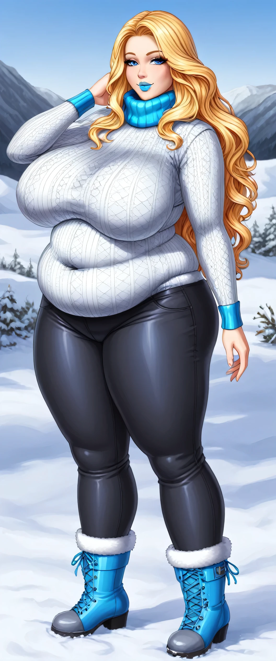  A sexy beautiful girl with big breasts, long wavy straight yellow hair, blue eyes, bright pink lips, is wearing an overweight gray polar fleece blouse and metallic black pants, blue polar socks, and snow boots.