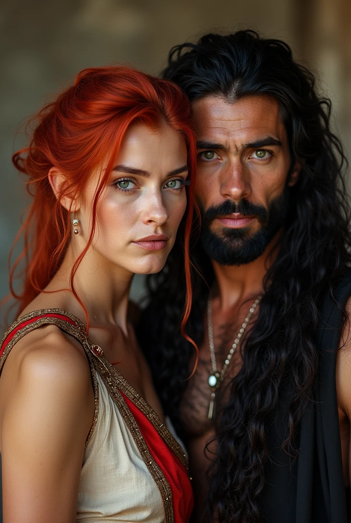 A red-haired woman dressed as a Greek and a black-haired man dressed as Hades