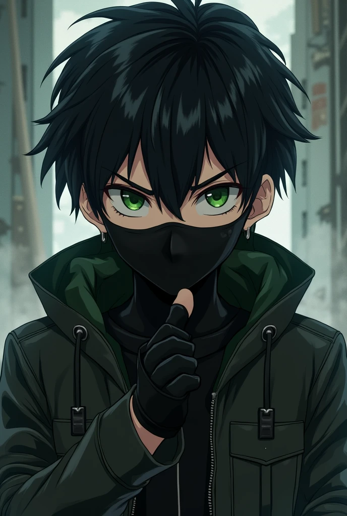 Anime style boy with black hair, green eyes, a black face mask and fingerless gloves with a serious expression on his face. 