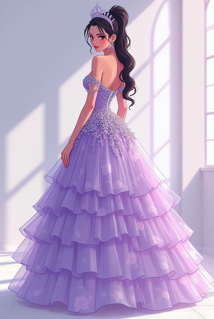 Quinceañera without tiara or crown walking in straight profile with a beautiful and extravagant lilac anime dress and showing her feet with transparent needle-point heels. She is perfect, just take off the tiara. 





