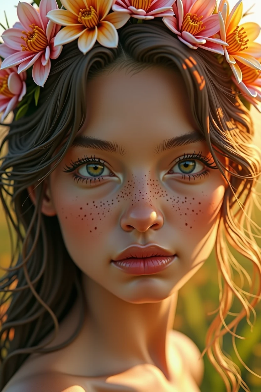 a young beautiful 34d woman, detailed face, high quality, photorealistic, detailed eyes, detailed nose, detailed lips, long eyelashes, detailed skin, detailed hair, flower crown, green meadow, sunlight, golden hour, cinematic, vibrant colors, intricate details, masterpiece