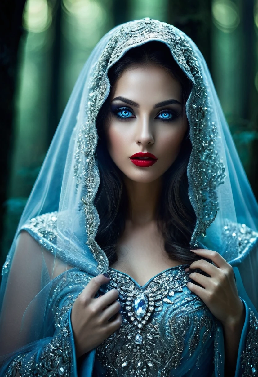 a dangerous mesmerizing and beautiful and elegant like a crystalline evil Alien muslim fortune teller walking at night in a mysterious spooky dark forest doing prophecies and enchants and possess the person she sees with all of her powerful glowing hypnotic deep sea blue eyes and bring darkness and to this forest, unwavering beauty, too much glittery and elegance, dancing with crystalline veil, mesmerizing and alluring and seductive body form, intense beauty and seduction with a hint of deceive and hypnosis dance, graceful and deceiving body shape to lure, intricate details, long hair, hypnotic eyes, delicate face, jewel tone colors, exquisite craftsmanship, mysterious ethereal, in front of her on the table, mysterious atmosphere, perfect eyes, mouth accentuated by red lipstick, shiny glowing hypnotic eyes, the glowing dress, ancient sorceress style, getting possessed and terrified while look into her eyes and fear and loosing your mind, insane amount of possessive power within her glowing eyes, she also wears Bridal Hooded Cloak Cape Long Back Wedding Tulle Elf Robe Chapel Veil Mantilla, she shines like a moon and terrorize the person the person that fixated into her shiny glowing eyes and shiny glowing dress, scarry and horror scene within those shimmering eyes of hers, she is too powerful and bring fear to our mind and heart