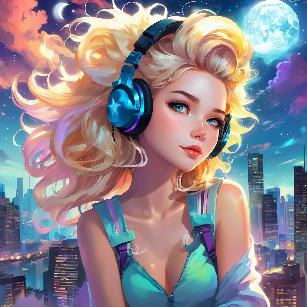 a beautiful 20 year old blonde woman with big messy hair laying down on a cloud in the sky floating over a cityscape at night, wearing headphones, looking down at the city, twinkling stars and glowing moon, fantasy art style, full body, rossdraws cartoon vibrant, cyberpunk, cute detailed digital art, colorfull digital fantasy art, digital fantasy art ), glossy digital painting, rossdraws pastel vibrant, rossdraws 2. 5, rossdraws 1. 0