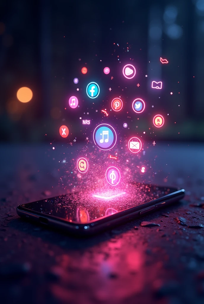 entertainment related icons coming out smartphone. Keep the icons floating as if they are moving inside the phone. keep purple , black and red as theme colours with night light