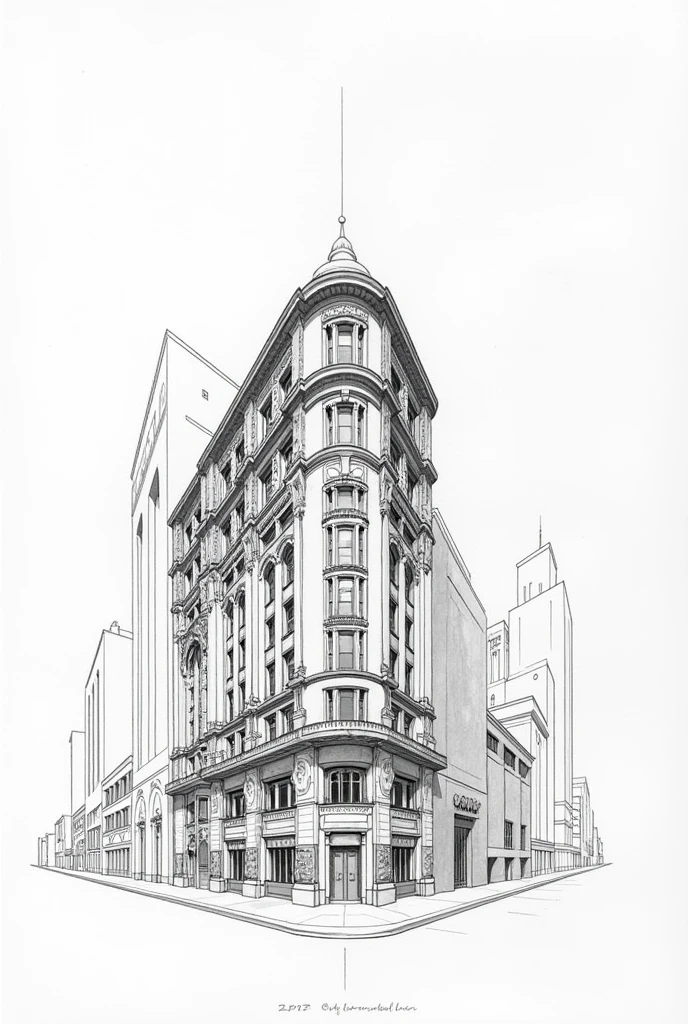 Drawing of a building seen from a parallel perspective