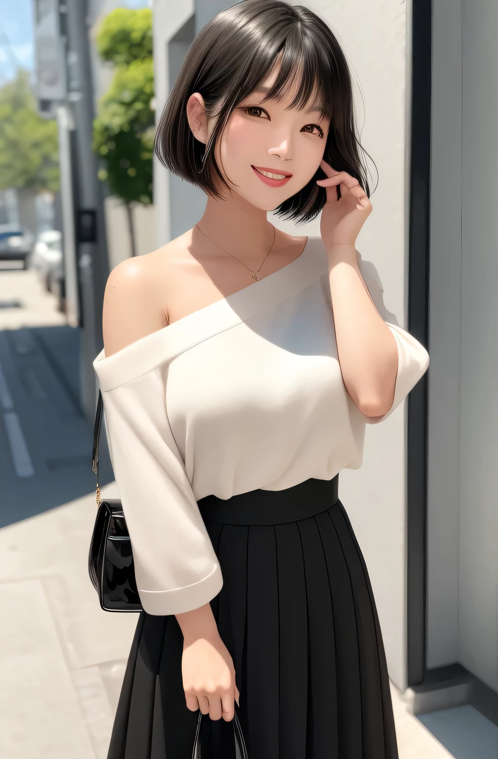 40-year-old Japanese woman、Big smile、The moment you get out of the car、Long bob cut with black hair、Perfect Makeup、Glossy pink lips、Black off-the-shoulder sweater、Long skirt、High heels、Surrealism, depth of field, masterpiece, super detail, best quality, 8k