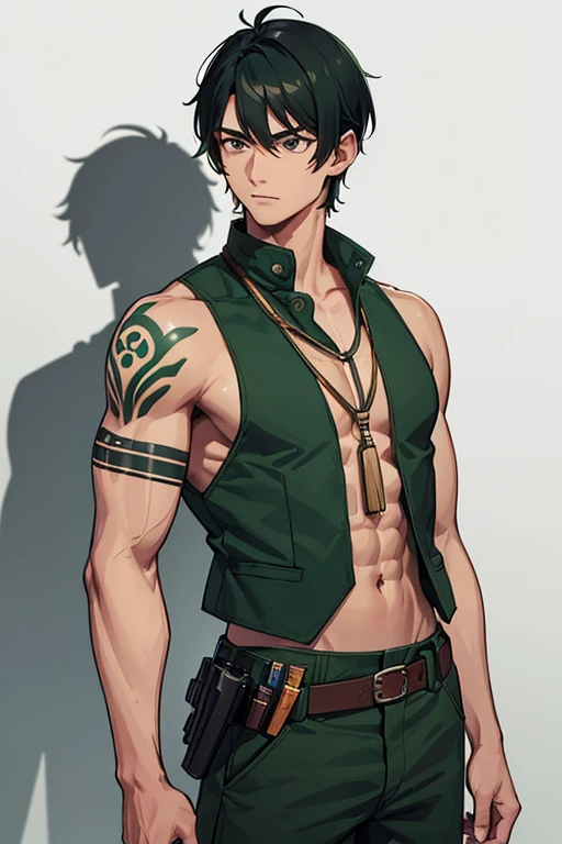 man in his 30s native american build slim muscles open military uniform green vest military print green pants black hair black eyes dark skin tattoo holding a knife