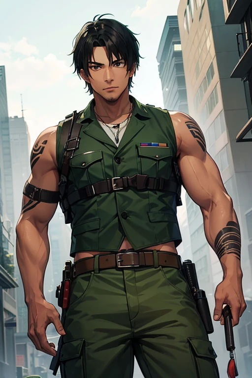 man in his 30s native american build slim muscles open military uniform green vest military print green pants black hair black eyes dark skin tattoo holding a knife