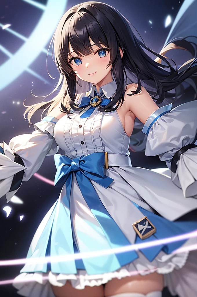 mecha wings、White and blue skirt、Thighs、tights、chest、Black Hair、1 girl、solo girl、IS、Frame Arms Girl、Alice Gere Aegis、blue armor、income、headphone、hand on own chest、smile、idol woman、idol dress