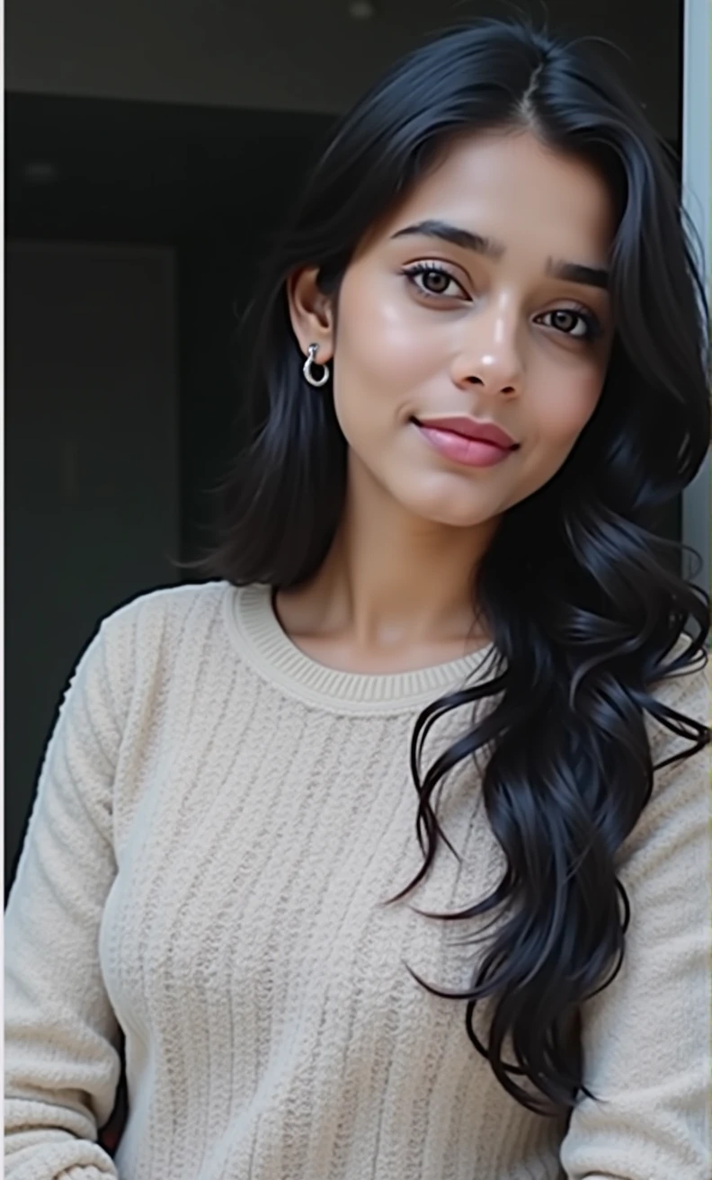 a beautiful young indian woman, 23 years old, with long wavy black hair, detailed perfect skin, beautiful almond eyes, delicate nose and lips, height 170 cm, weight 75kg, realist, (Best Quality,4k,8k,High resolution,masterpiece:1.2),ultra detailed,(realist,photorealist,photo-realist:1.37),HdR,HD,studio lighting,Ultrafine paint,sharp focus,physically based rendering,extreme detailed description,professional,vivid colors,bokeh,portrait