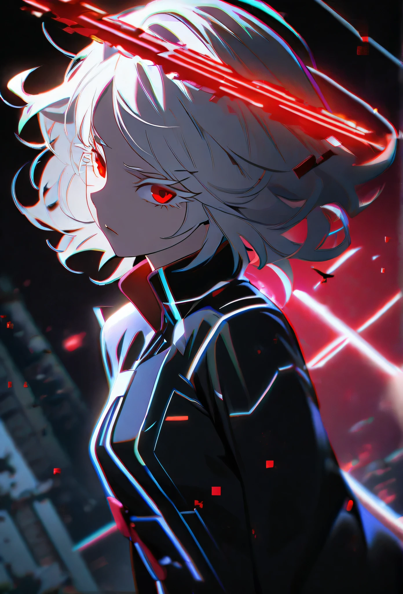 1girl, white hair, wild hair, red eyes, (white eyelashes:1.2), emotionless, red glow halo, mature, black coat, short hair, (chromatic aberration:1.2), corrupt image, reality break, destruction city, solo, (evil godness:1.2), digital dissolve, ambient energy, dynamic pose