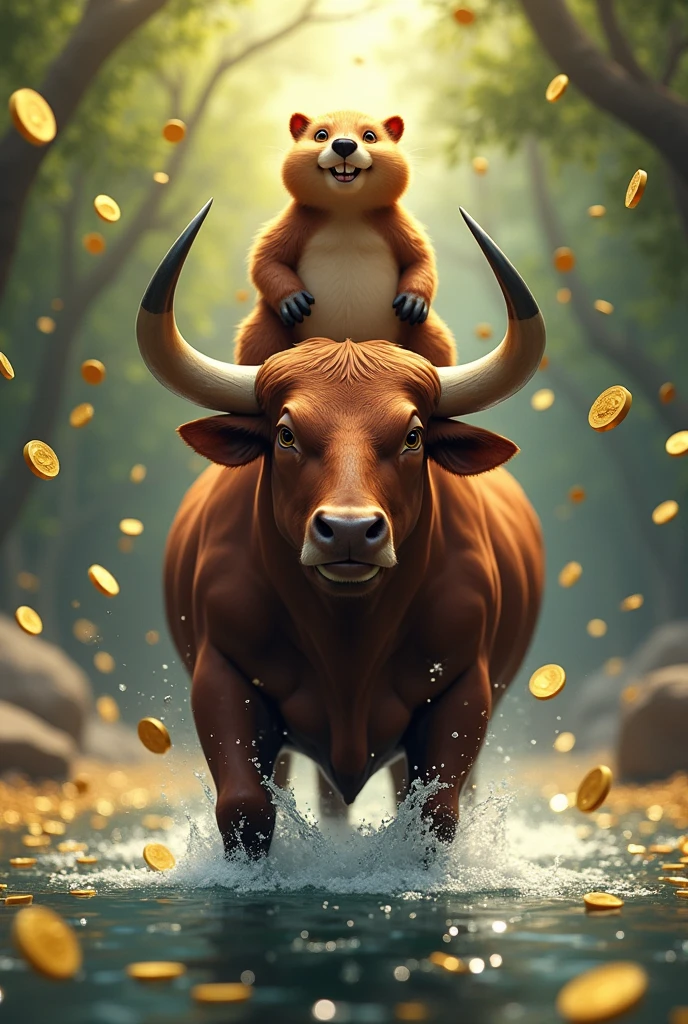Create a beaver riding a bull standing in the river and coins fall all around him 