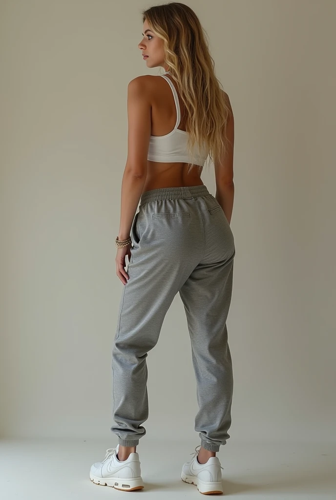 ((Long Shot)) Blonde influencer with long naturally wavy hair, Average height, she has big breasts, a fit body, she wears gym clothes, She combines classic streetwear items, Nike sneakers, with high quality accessories, such as designer bags or luxury watches, to create a modern and elegant look, beautiful, 8k, super detailed, realistic, intricate details, realistic skin texture, realistic hair, texture, fun, 8k uh, Best quality, high resolution, Attention to detail, very big breasts, big ass, lush butt, long range, wide angle