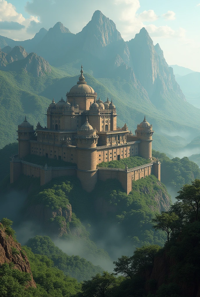 Shivaji Maharaj’s Birth**: An artistic portrayal of Shivneri Fort in 1630, with a focus on its historical ambiance, symbolizing the birth of Shivaji Maharaj. In dall e-3 style
