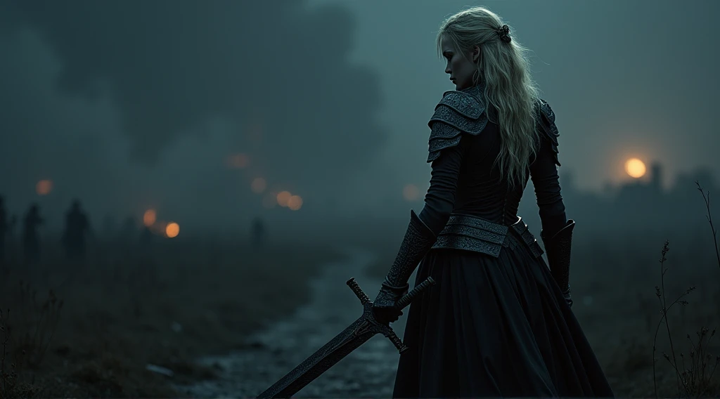 dark fantasy, bittersweet atmosphere, a Blonde warrior woman, Xeena, pale skin, full plate armor with intricate designs, sword held in one hand retreating into deep shadows, her face set with determination, the battlefield behind her is shrouded in darkness, faint glimmers of light from distant fires, she disappears into the night, knowing the battle isn’t over, shadows enveloping her figure as she fades away, low-angle shot focusing on her retreat, next to her lying on the ground is a chakram razor sharp disc, hinting the viewer