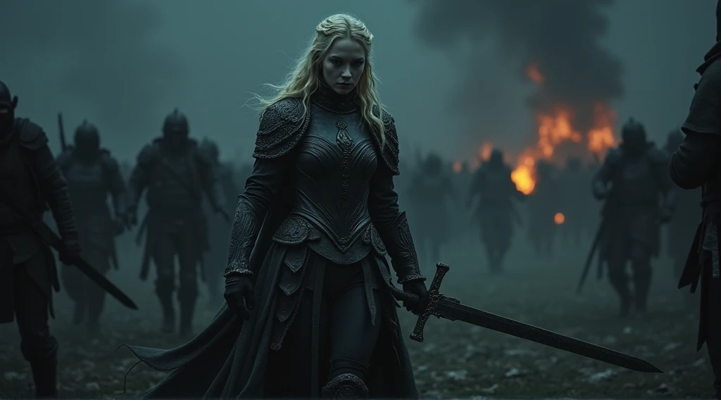 dark fantasy, bittersweet atmosphere, a Blonde warrior woman, Xeena, pale skin, full plate armor with intricate designs, sword held in one hand retreating into deep shadows, her face set with determination, the battlefield behind her is shrouded in darkness, faint glimmers of light from distant fires, she disappears into the night, knowing the battle isn’t over, shadows enveloping her figure as she fades away, low-angle shot focusing on her retreat, next to her lying on the ground is a chakram razor sharp disc, hinting the viewer