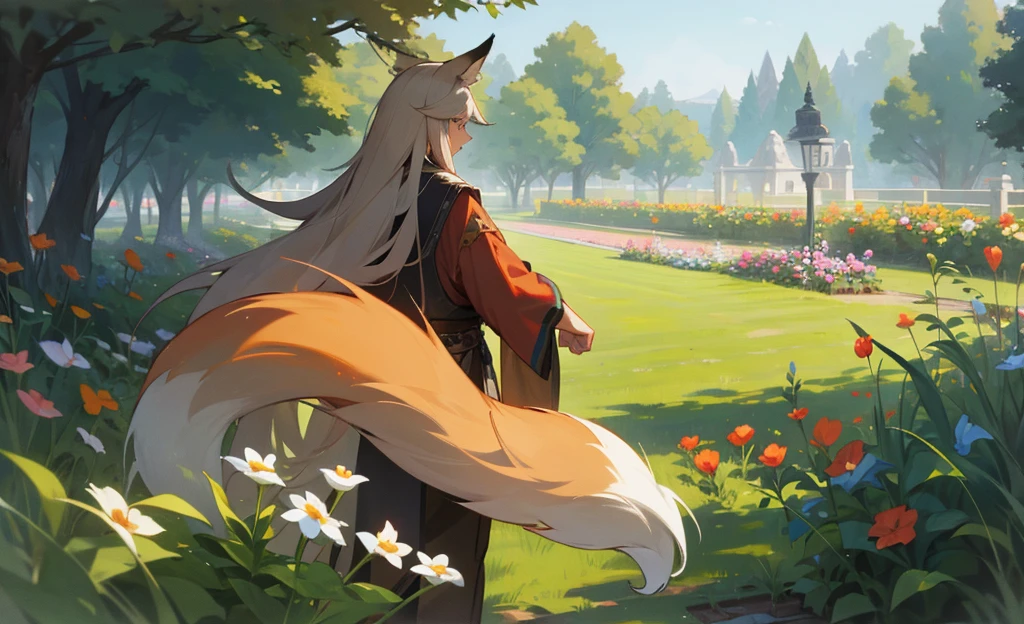 A fox man with long hair in the garden