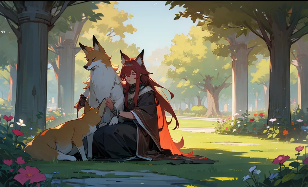 A fox man with long hair in the garden