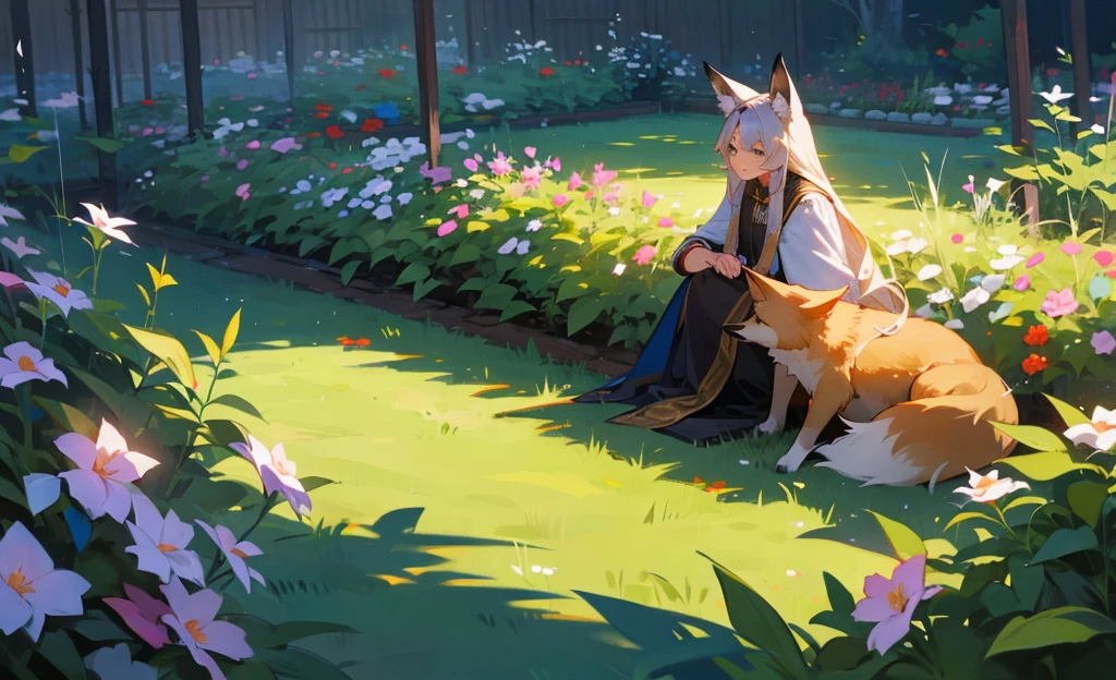 A fox man with long hair in the garden 