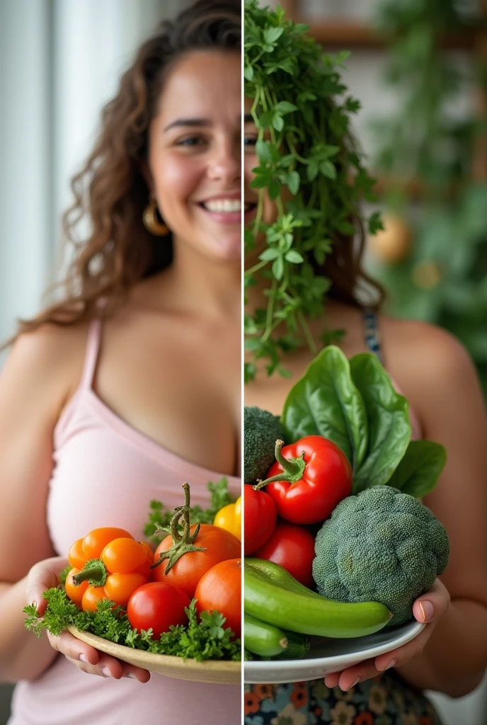 Include an image of a woman, on one hand she is fat and in the context of unhealthy foods and on the other she is thin with healthy foods and vegetables