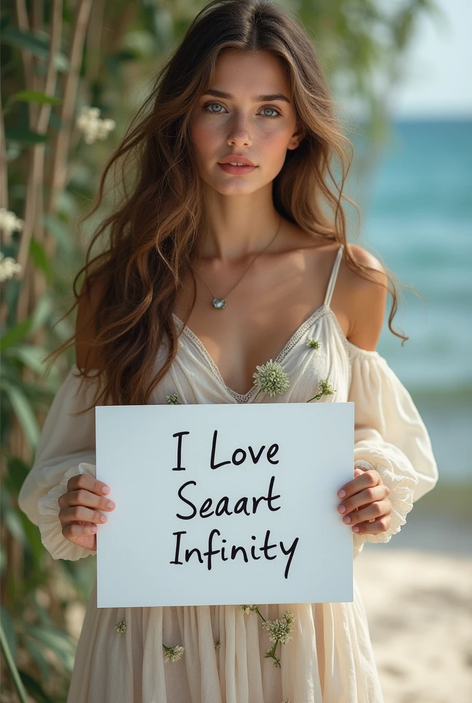 Beautiful girl with wavy long hair, bohemian dress, holding a white board with text "I Love Seaart Infinity" and showing it to the viewer