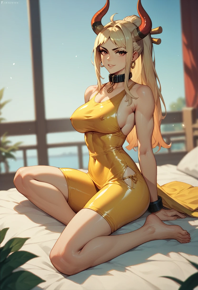 Yamato, yellow low-cut dress, barefoot, tight collar 