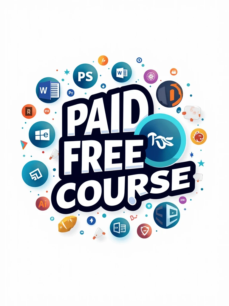 a logo where write paid free course ,,bacgrord differnt small graphic object like microst word ,powerpoint,photosop,capcat,adobe illustrator,3d computer,mobile,,