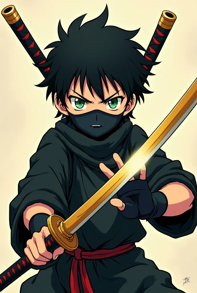 Anime style boy with black hair, green eyes, a black face mask and fingerless gloves with a serious expression, full body, with two golden katanas on his back