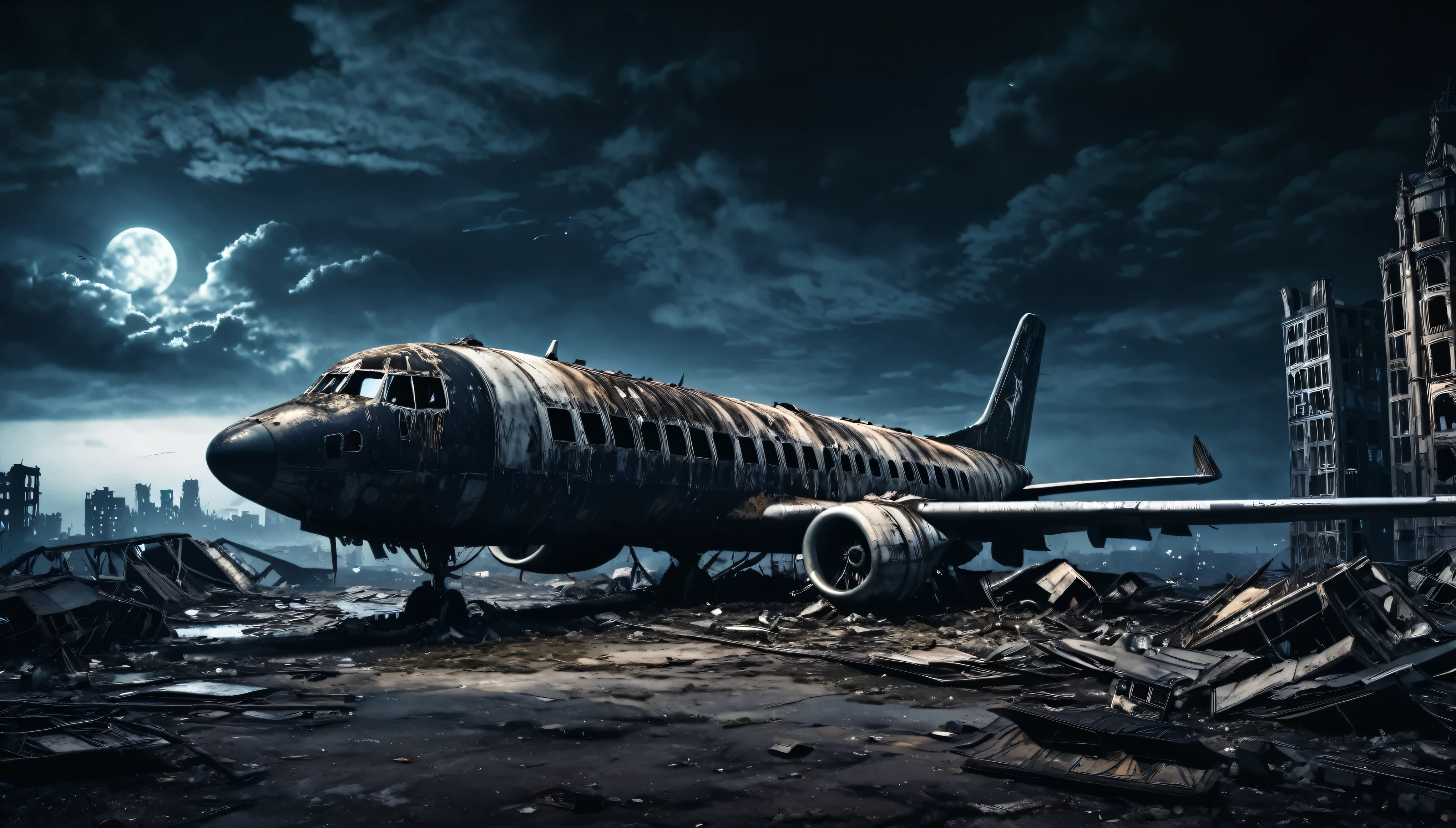 surrealism gothic dark city night post apocalyptic plane destroyed and abandoned at night