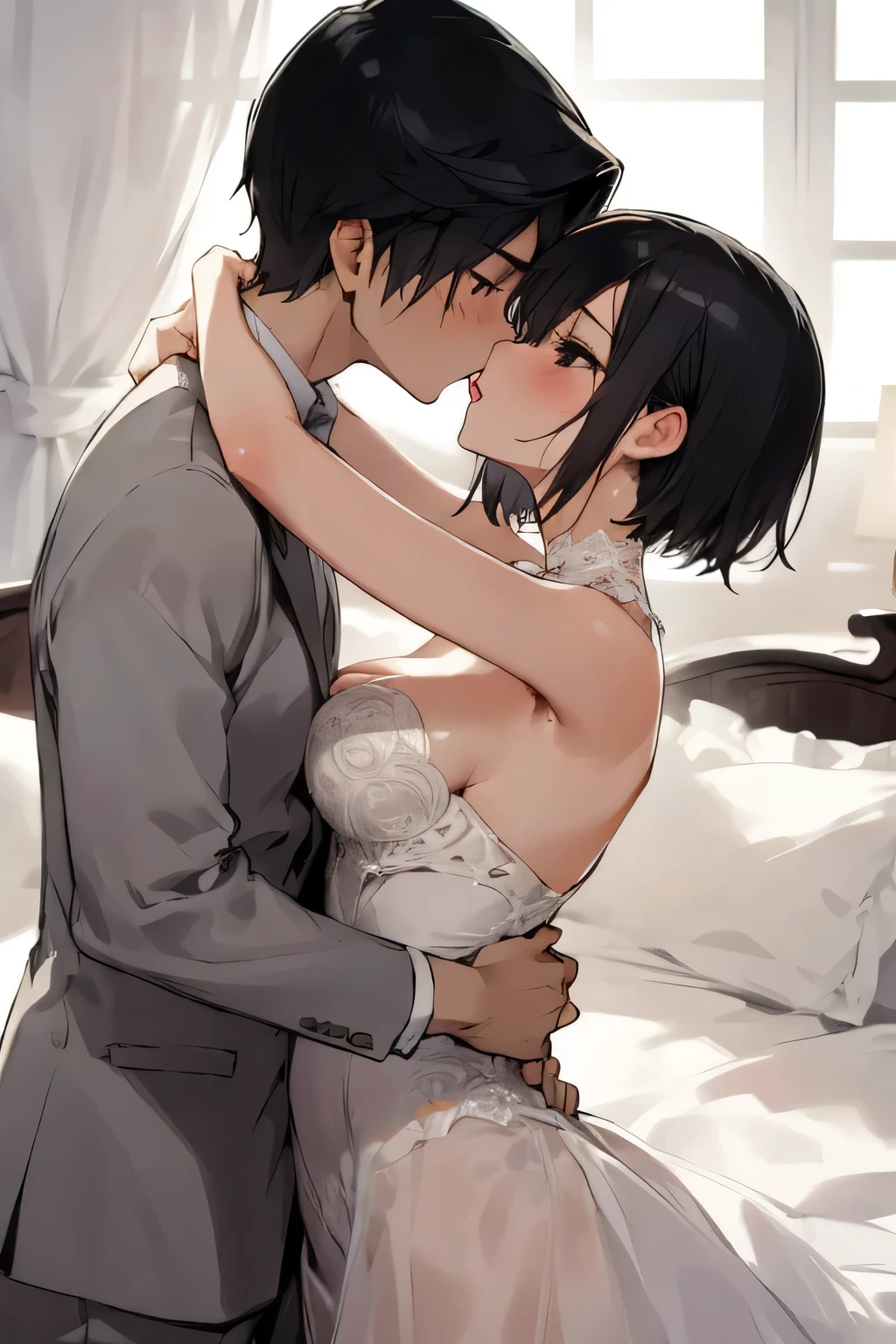 Sexy and cute woman, pinned down on the bed, kissing, a short hair, detailed gorgeous dress, for women, passionately making out