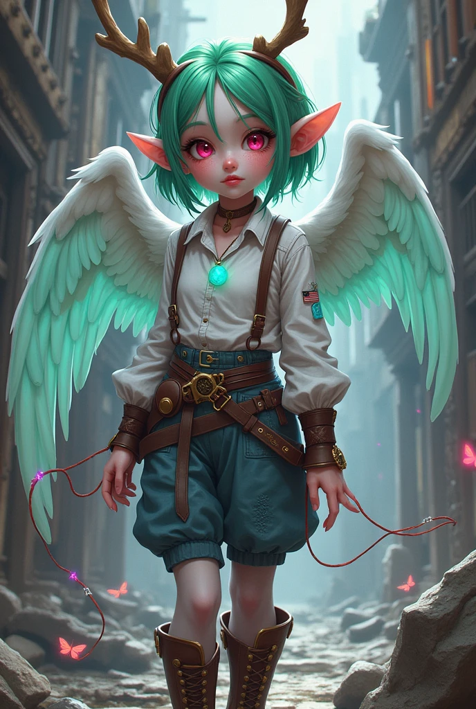 ((Best Quality)), ((masterpiece)), (detailed), (original), (realist), girl short green and fuchsia violet hair, medium fire red eyes, Elf's ears, soft smooth skin, small mouth, pink, glow, freckled, elk antlers, introvert, shy, angelic, Whole body, pants with belt, white shirt with details, cyan pendant, leather boots with pointed toe, transparent stockings, zodiac, survivor, dystopian ruins background, textura refinada glow, bow and arrow costume, mixed clothing, violet locks of hair, butterflies and phoenix, tangled in ribbons, combat potion, Angel wings,