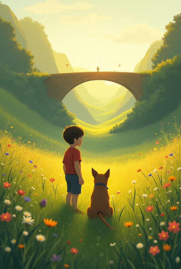 Discovery: After crossing the bridge, they find a beautiful meadow. What does the meadow look like, and how does it make them feel A single and dog