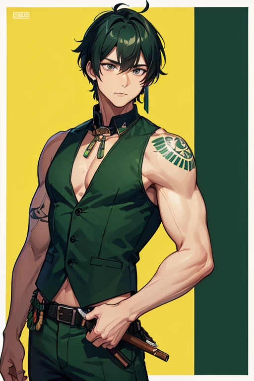 man in his 20s native american build slim muscles open military uniform green vest military print green pants black hair black eyes dark skin tattoo holding a knife