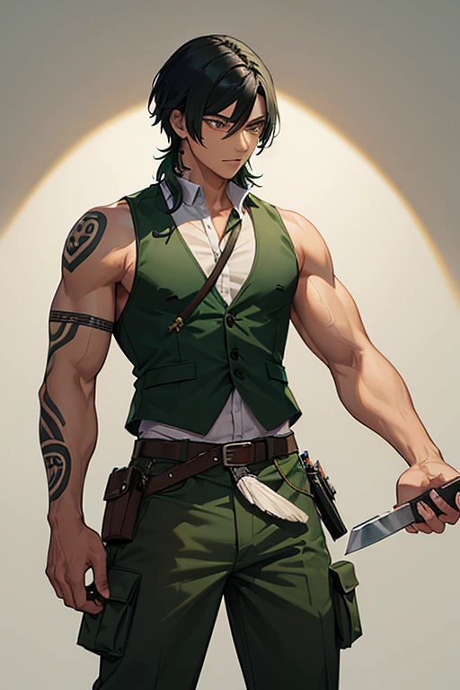 man in his 20s native american build slim muscles open military uniform green vest military print green pants black hair black eyes dark skin tattoo holding a knife